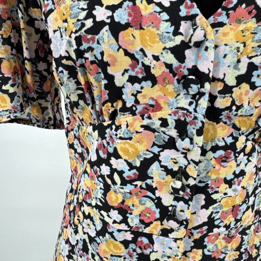 Nobody's Child Womens Printed Floral Print Midi Dress Short Sleeve Size 4 Black - Picture 3 of 13